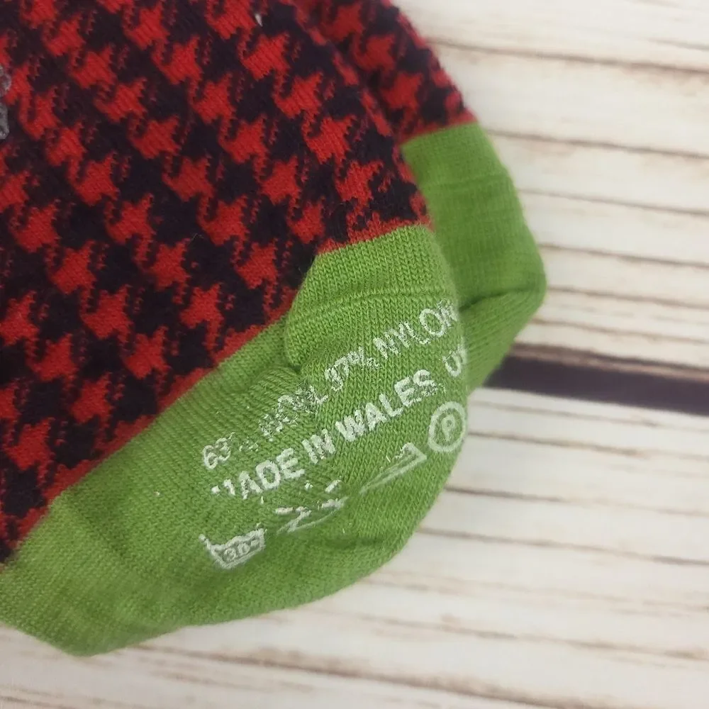 Corgi Wool Blend Red Black Houndstooth hosiery socks Made In Wales UK Size XS
